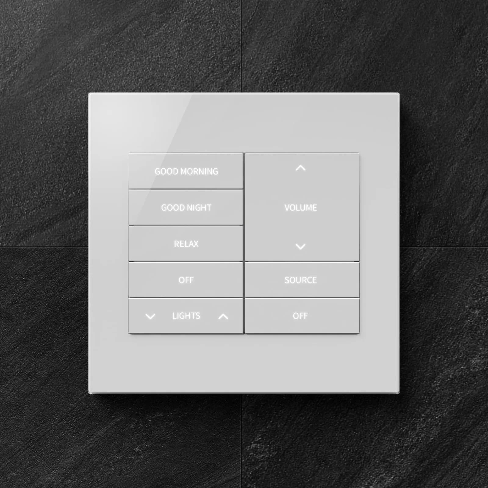 Crestron glass keypad with scene, volume and source buttons
