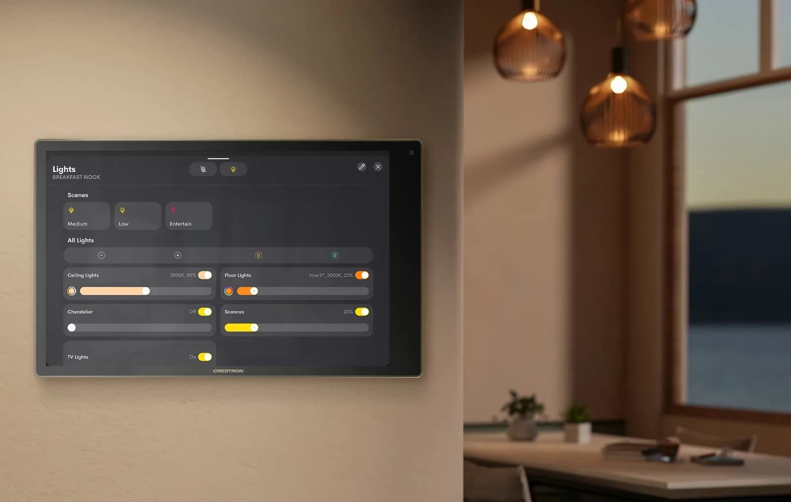 Crestron wall touch screen showing lighting scenes and dimmer sliders