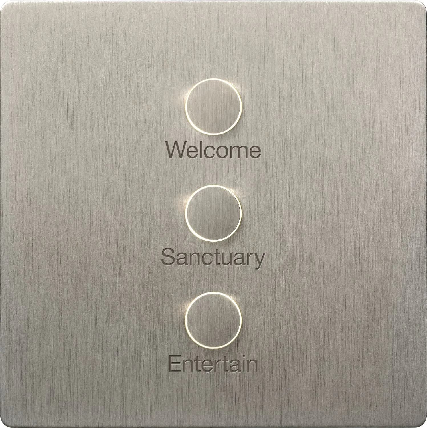 Brushed metal Lutron Alisse keypad with Welcome, Sanctuary and Entertain buttons