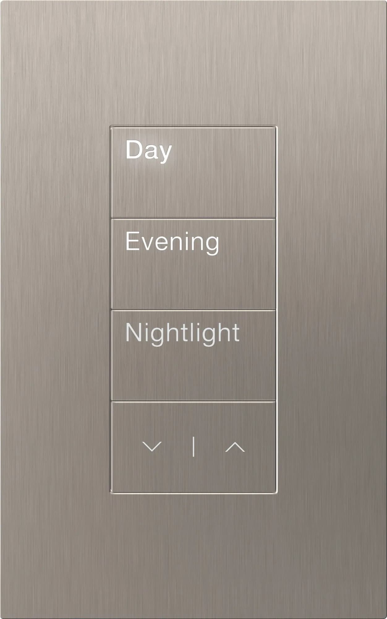 Brushed metal Lutron Palladiom keypad with Day, Evening and Nightlight buttons