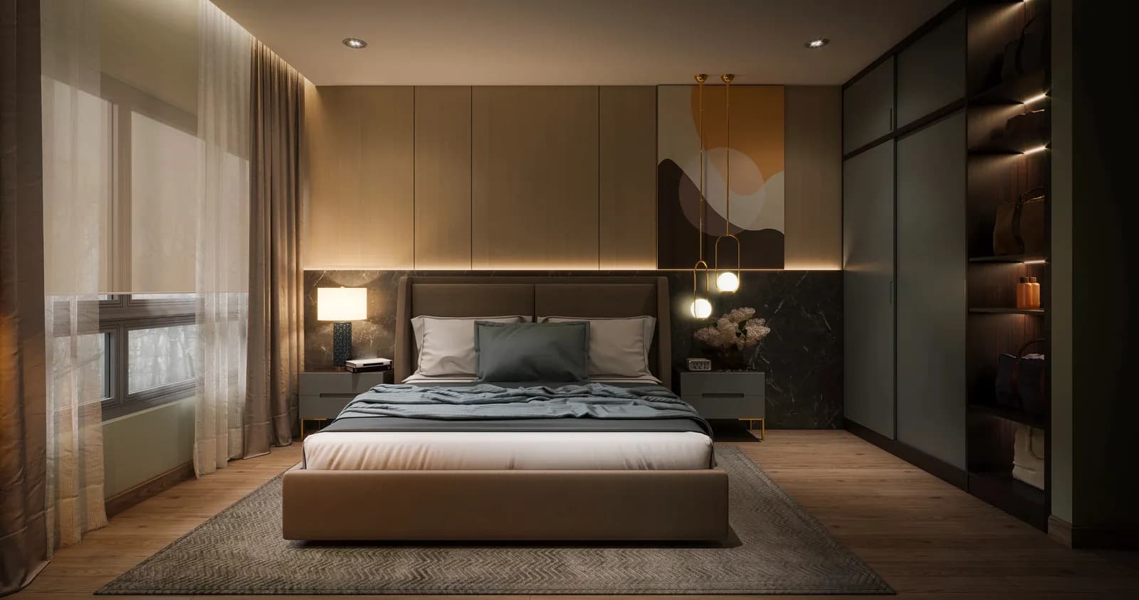 Apartment bedroom with cove lighting and motorised curtains